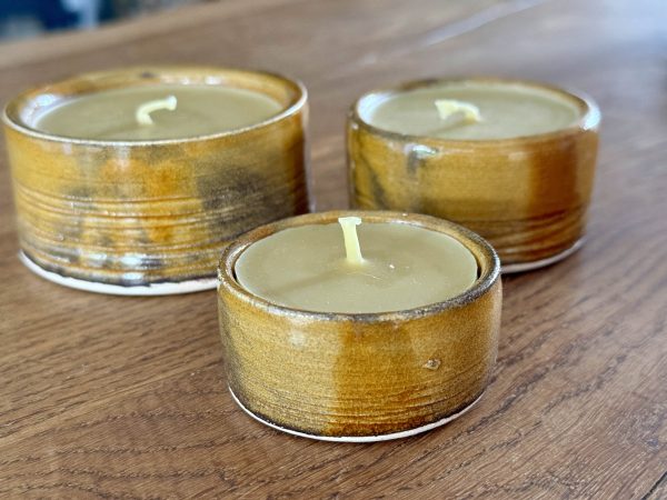 Set of 3 Pure Beeswax Candles in Handmade Ceramics